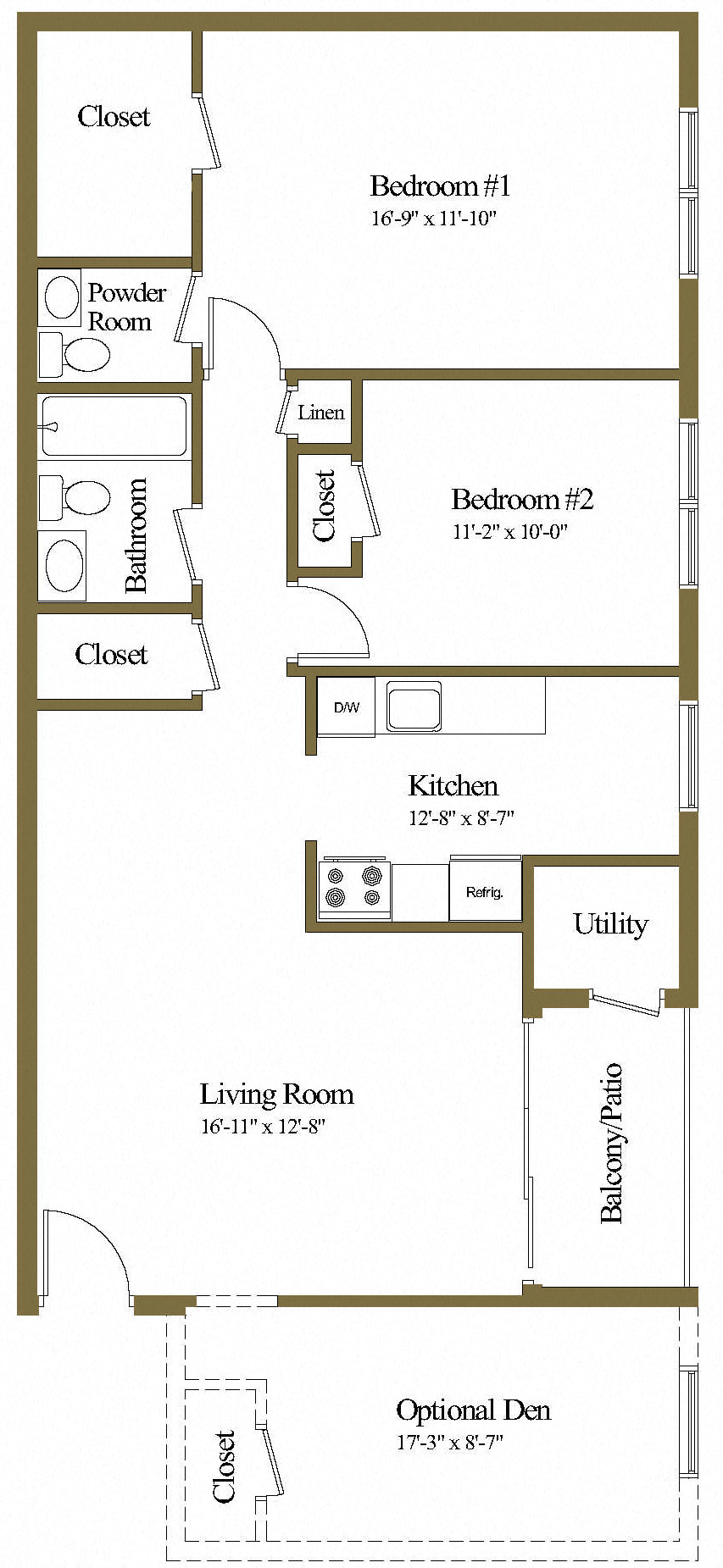 Floor plan for 2 beds, 1.5 baths, 788 sqft